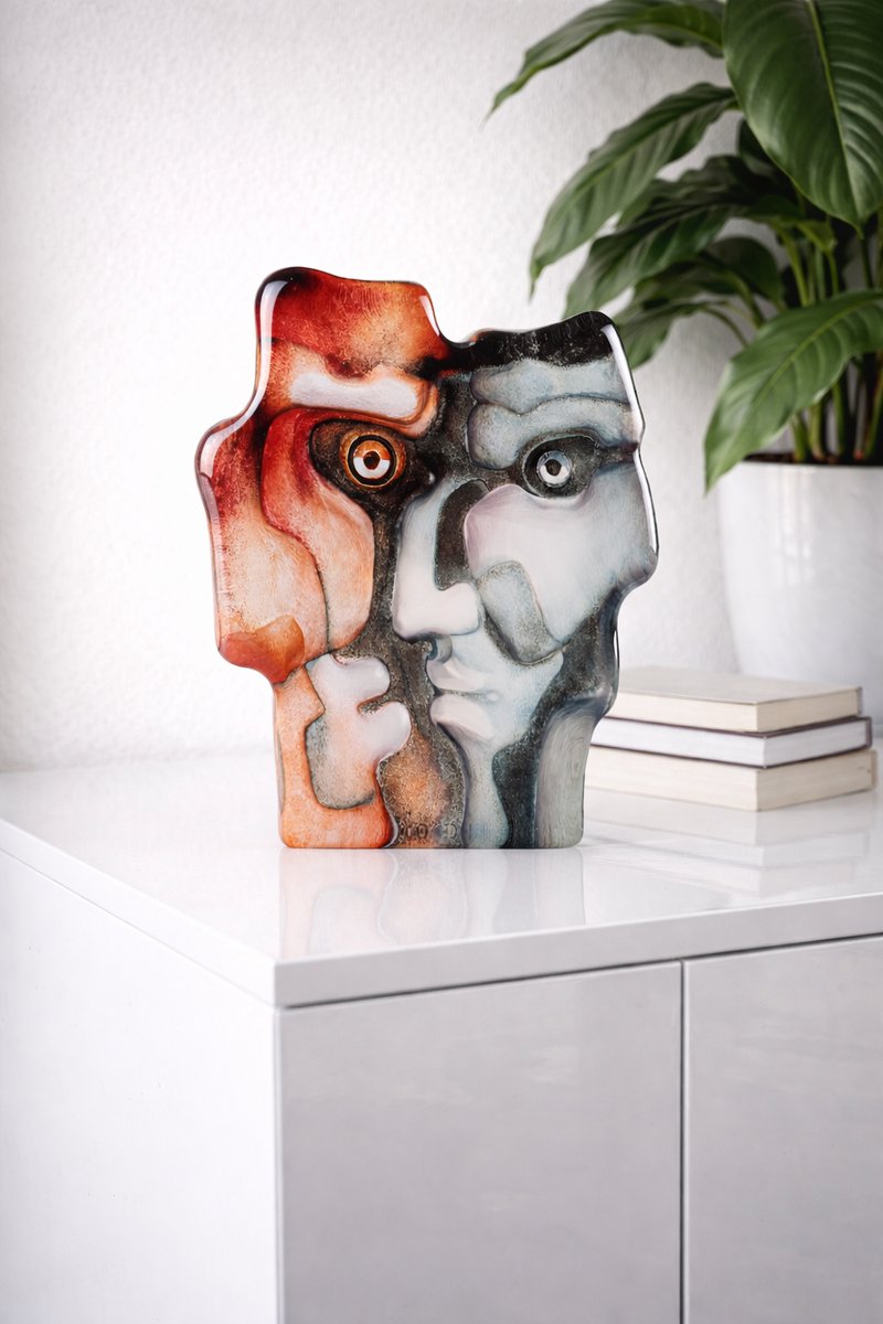 Mats Jonasson Dual Face – Handgemaakt Glaskunst Object Met Twee Gezichten - Rood - Voor Binnen - Staand