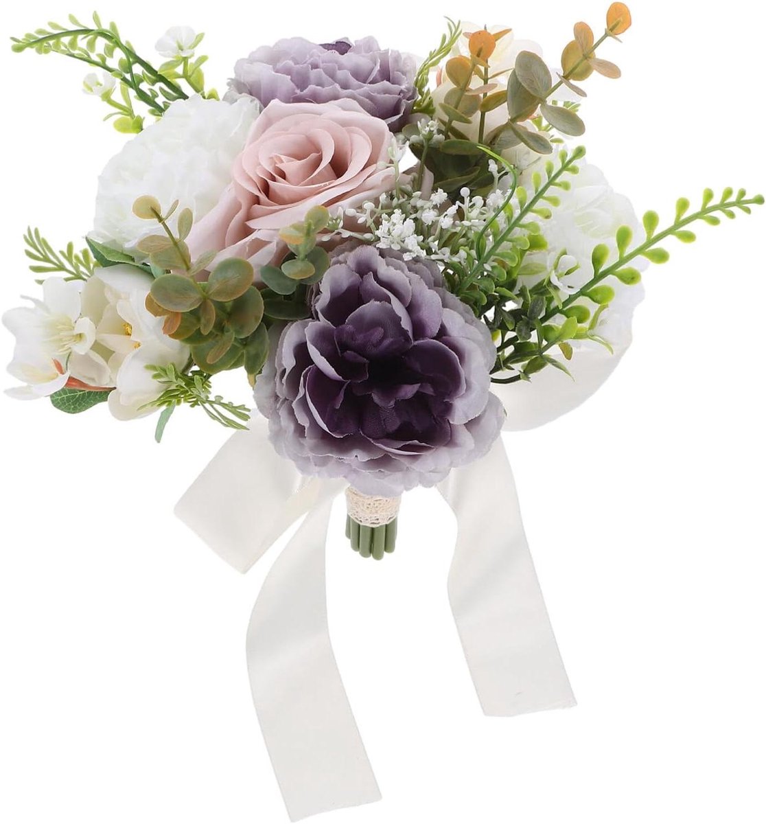 Kunstbloemenboeket Vintage - Bruidsboeket Decoratie - Bruiloft Versieren - Realistisch en Levendig - 27 cm Hoog - Wit