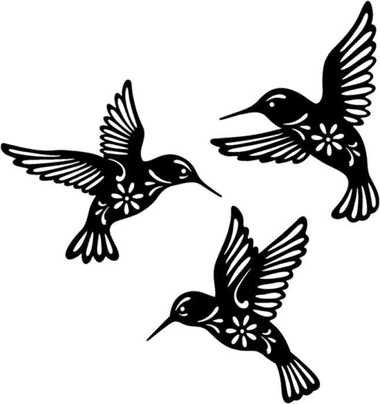 Trois colibris noirs en métal en vol, avec des ailes détaillées et des motifs floraux.