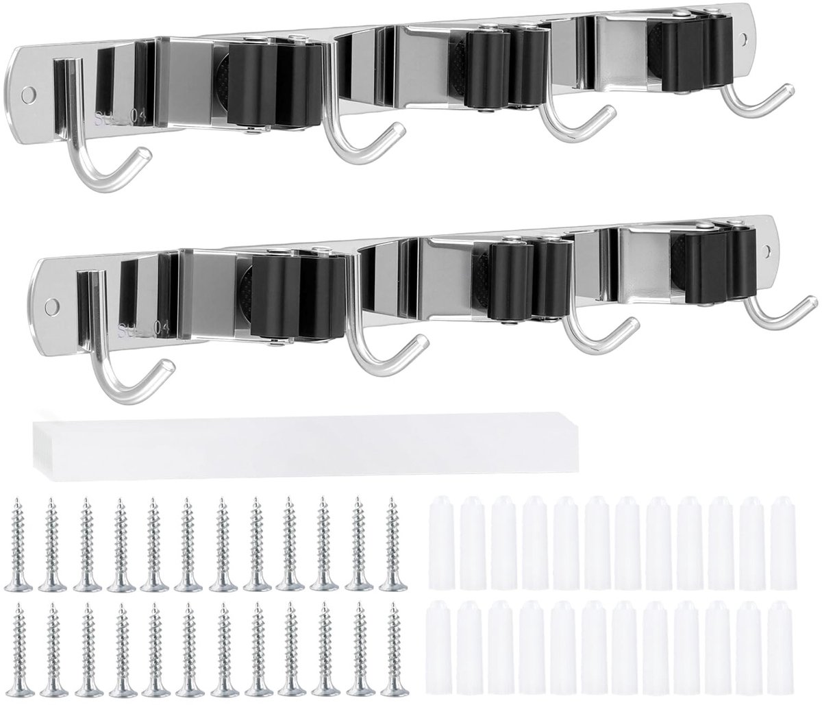 Dailygoods- Bezemerhouder Roestvrij staal - Zelfklevend - Wandhouder met 3 Sleuven - 4 Haken - Gereedschapshouder - Organizer voor Keuken/Badkamer
