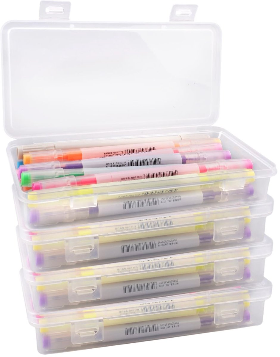 Dailygoods- Pennenbox Lichtgewicht - Stapelbare Opbergdoos - Transparante Kunststof - 4 Stuks - Met Deksel - Afmetingen 19 x 9,5 x 3 cm