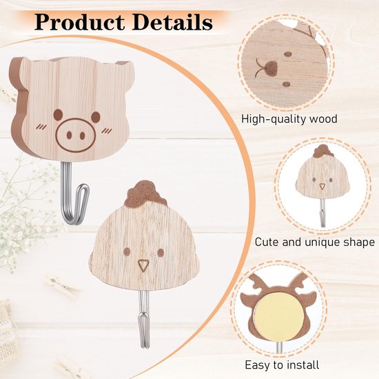 Kledinghaken dieren set van 6 - houten zelfklevend - schattige motieven - vrolijke decoratie voor kinderen - ShopVlot — afbeelding 4