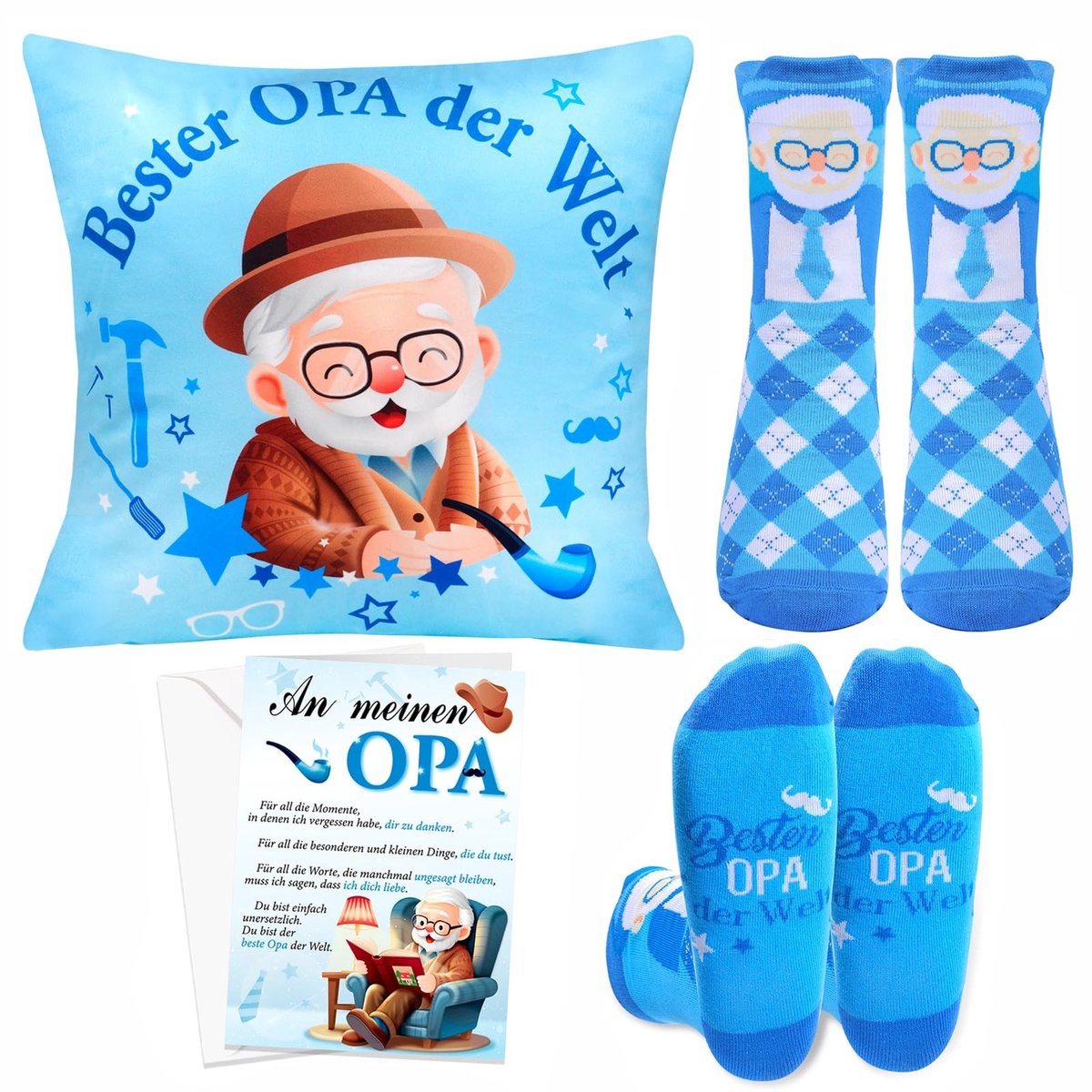 Dailygoods- Opa Cadeau 3-delig - Kussensloop 45 x 45 cm - Sokken - Wenskaart - Cadeauset - Katoen/Papier