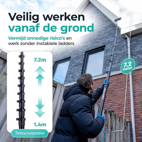 VENTRA Telescopic Washing Brush 7.2M – Extra Large Brush (34 cm) - 4 Water Outlets – Window Puller & Duster – Stainless Steel Telescope Handle – Gloves & Microfibre Cloth Included — afbeelding 4