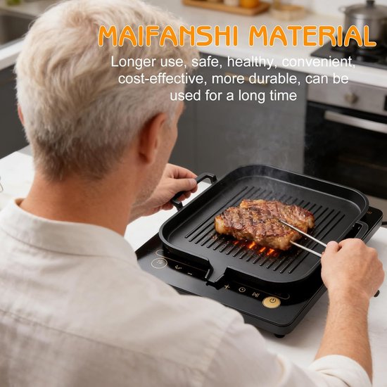 Grill Plate for Induction, Cast Iron Grill Plate, Rectangular Grill Pan, Grill Attachment, Gas Stove, Camping, Grill Plate, Camping Grill Plate, Non-Stick Coating, for Hobs, Oven, BBQ — afbeelding 2