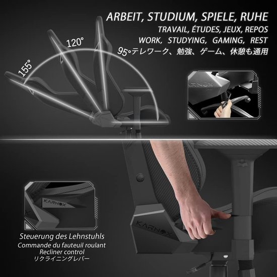 KARNOX BK Gaming Chair, Office Chair, Ergonomic Manager Chair, PC Chair, Gaming Chair, Sports Chair with Headrest and Lumbar Cushion, 90-155 Degree Adjustable Tilt Angle, Black — afbeelding 2