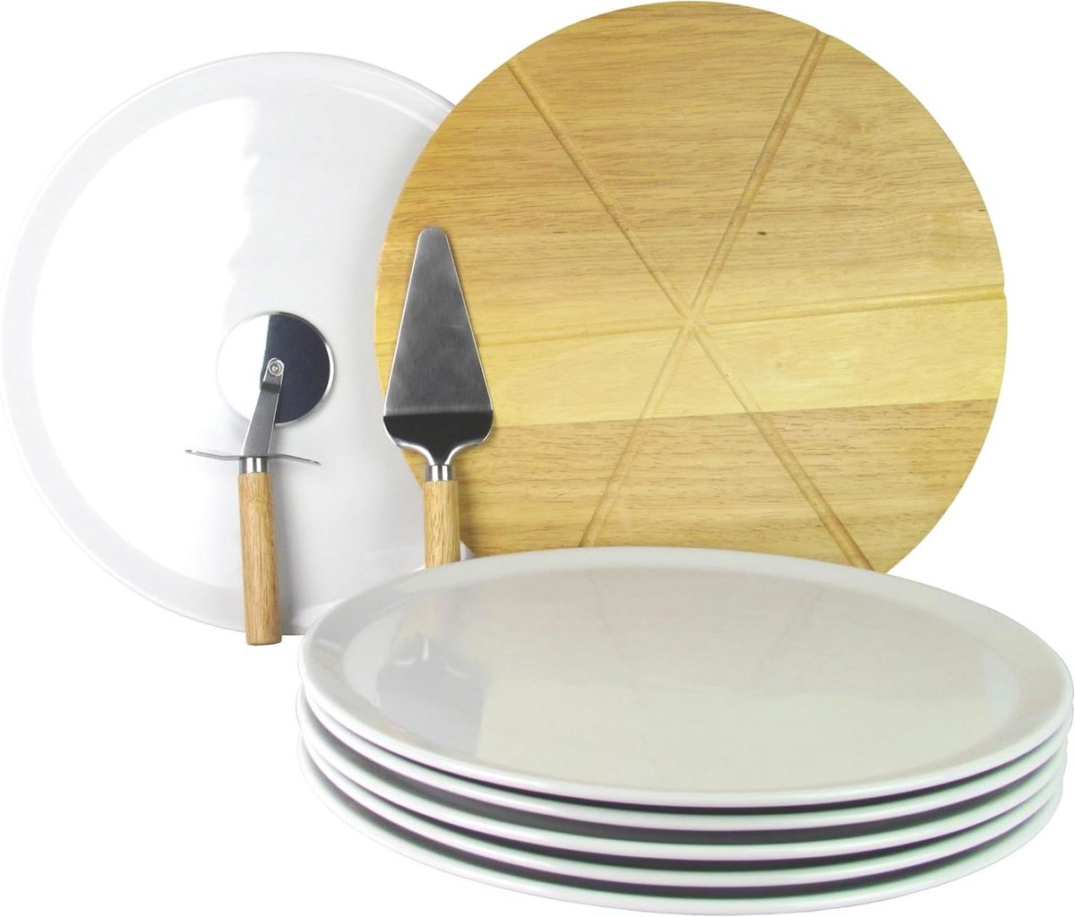 Pizzaborden Set - Pizza Serveerset - Pizza Avonden - Met Houten Plank - 6 Stuks Ø 33cm - Wit