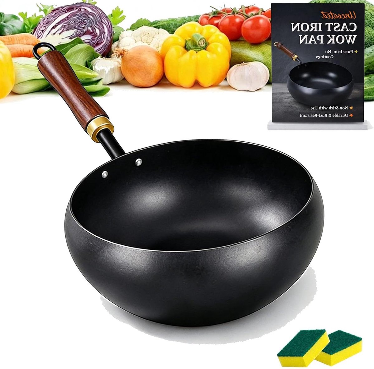 Gietijzeren Wokpan - Japanse koekenpan - Roerbakken en koken - Ongecoat gehamerd ijzer - 26 cm - Zwart