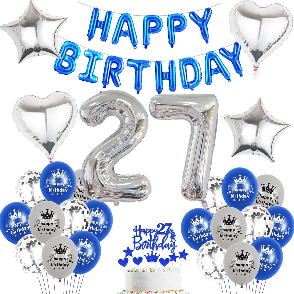 Dailygoods- Folieballon 27e Verjaardag - Blauw Themafeest - Verjaardagsdecoratie - Folieballon Cijfer 27 - Latex Ballonnen - Happy Birthday Slinger - Unieke Decoratieset - Verjaardagsballon