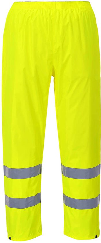Pantalon de pluie jaune haute visibilité avec deux bandes réfléchissantes sur chaque jambe.