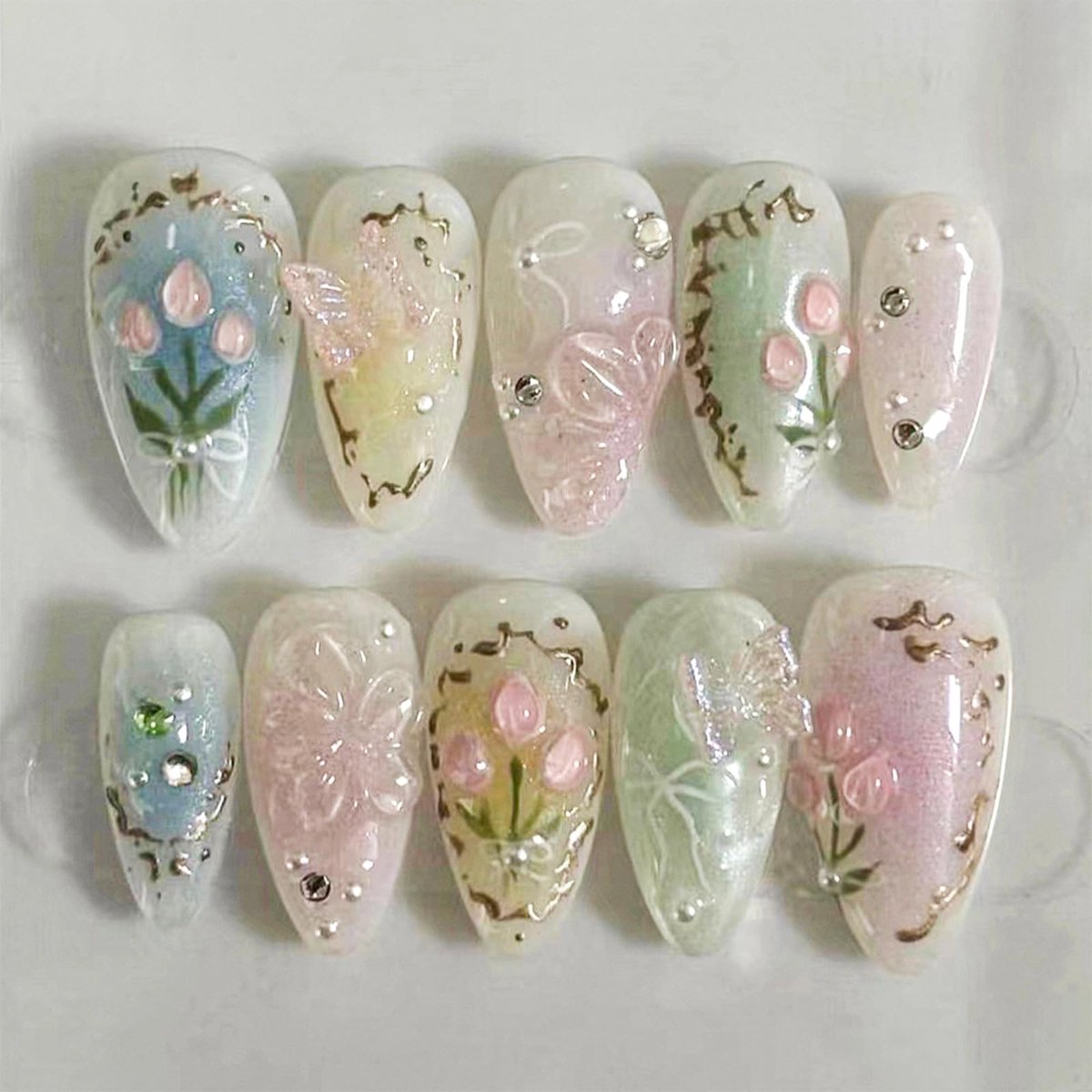 Dailygoods- Nepnagels 24 Stuks - Kleurrijke Acrylnagels - Medium Amandelvorm - 3D Bloem/Vlinder Design - Inclusief Nagelvijl/Gelklevers - 12 Maten - Kunstnagels