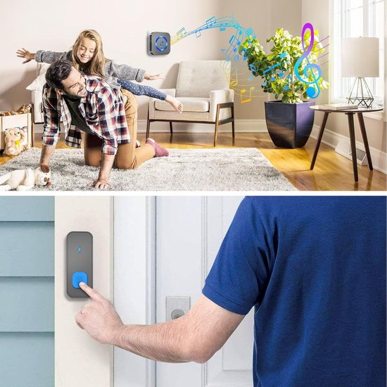 VHV Wireless Doorbell - Waterproof - 400 m Range - Wireless Outdoor Bell - with 2 plug-in receivers and 2 Transmitter - Works on 55 melodies - LED flash Doorbell - Black — afbeelding 5