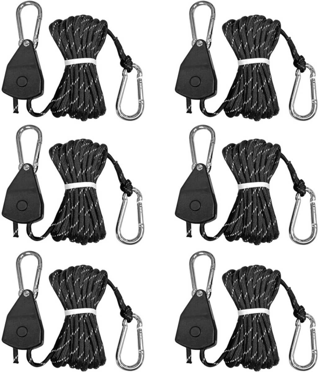 6 stuks - verstelbare ratel van 4 mm - 4 meter touw met spanner, verstelbare kledinghanger met ratel, tent met opbergtas, zonnescherm, reflecterend touw (zwart)