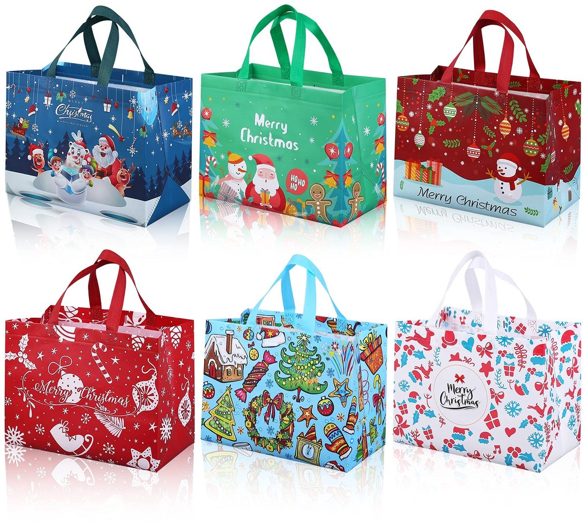 Dailygoods- Kersttassen 6 stuks - Herbruikbare Geschenktassen - Niet-geweven Boodschappentassen - Feestdecoratie - Draagbaar met Handgrepen - Stevige Onderkant 32,5 x 25 x 17 cm - Geschenkzakken
