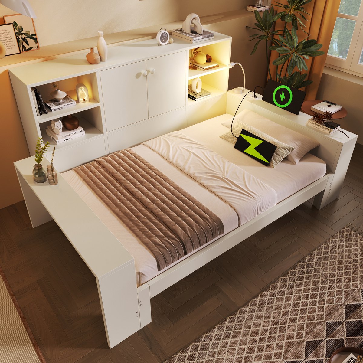 MODENUIT Dagbed 90x200 cm – Uitschuifbed met opbergruimte – USB en USB-C – Zonder matras – Hout – Wit