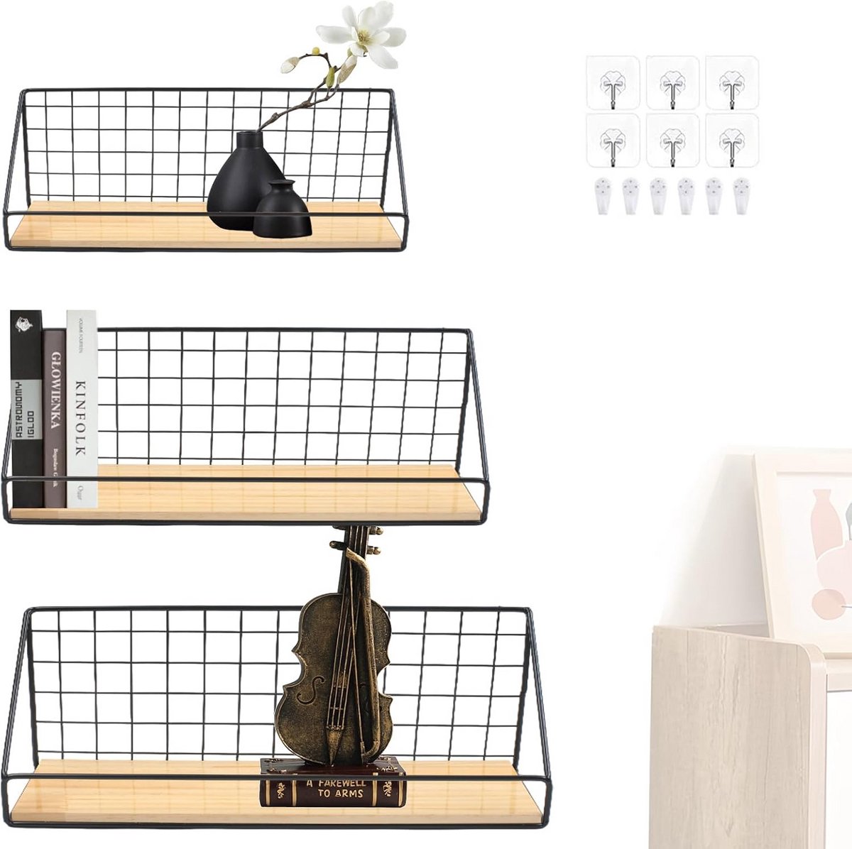 Zwevende Planken Set - Wandrek Metaal - Muur Decoratie - Met Hek Ontwerp - 3 Maten - Zwart