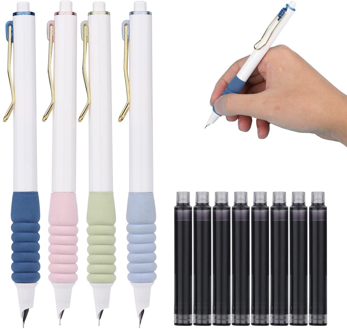 Dailygoods- Vulpennen Intrekbaar - 4st Set - Hervulbare Schrijfpen - Antislip - Inktzakjes 10st - Praktisch voor School/Kantoor