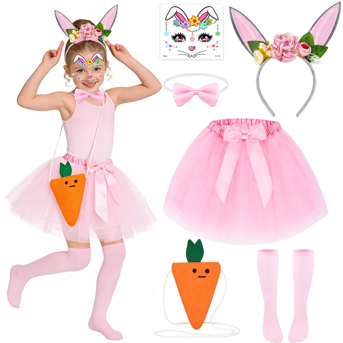 Dailygoods- Konijnenoren Hoofdband - Kostuumset - Tulle Rok - Konijnenstaart - Accessoires - Ideaal voor Feestdagen - Paaskostuum