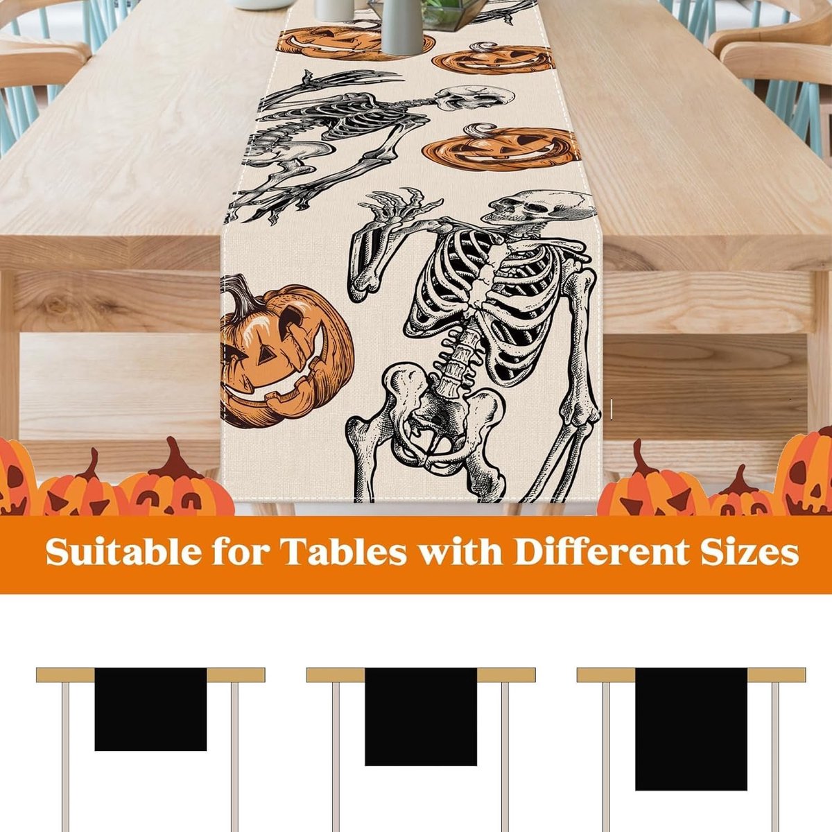Dailygoods- Tafelloper Halloween - 183 x 33 cm - Linnen/Jute - Herbruikbaar - Wasmachinebestendig - Pompoen/Skeletdesign - Tafelkleed
