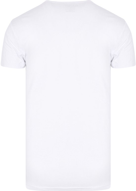 Achterkant van wit Slater t-shirt met ronde hals, effen witte achtergrond.