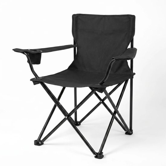 Zwarte, opvouwbare campingstoel met bekerhouder.