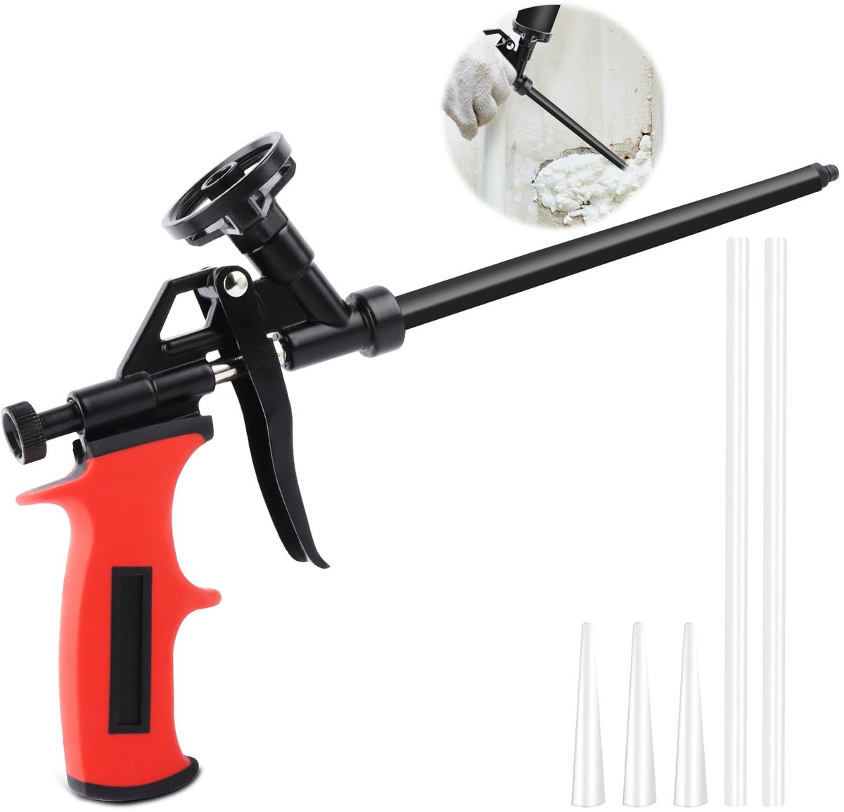 carmdering - Polyurethaan Schuimpistool - PU Schuim Applicator - Professioneel Schuimgun - 5 Verwisselbare Nozzles - PTFE Anti-Aanbak Laag - ABS En Perfluoroplastiek - Ergonomisch Ontwerp - Precisie Dosering Voor Isolatie - 1 Stuk
