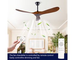 Merdoo Plafondventilator zonder Lamp - 52 inch - 3 Houten Bladen - Afstandsbediening - Zwart/Walnoot