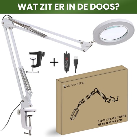 Inhoud van de doos: witte loeplamp met arm, zwarte tafelklem, bedieningsknop en USB-kabel.