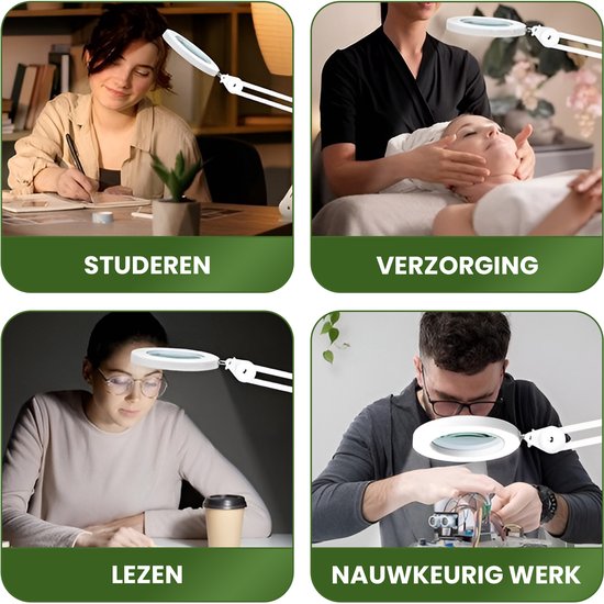 Vier afbeeldingen: studeren, verzorging, lezen en nauwkeurig werk met de witte loeplamp.