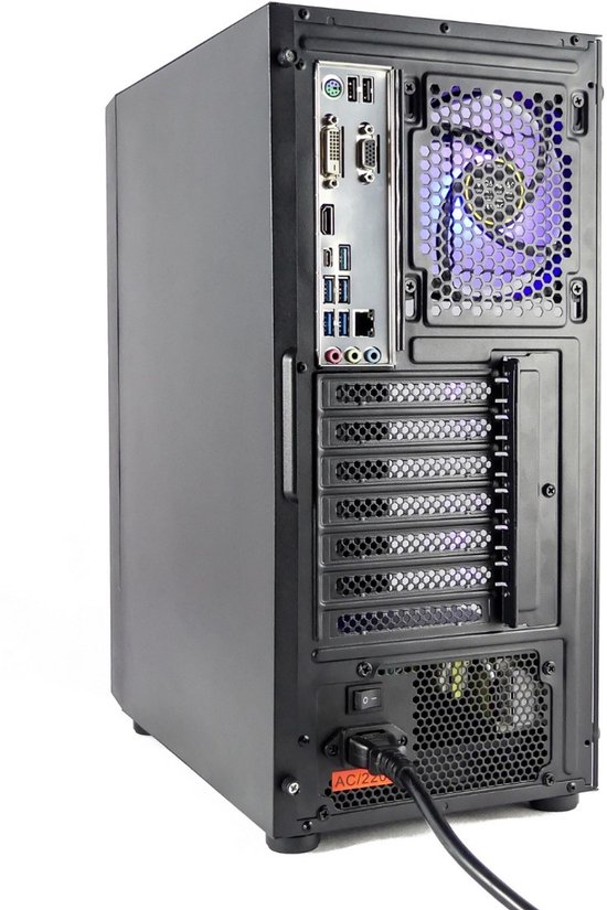 Achterkant van een zwarte pc-behuizing met aansluitingen en paars verlichte ventilator.