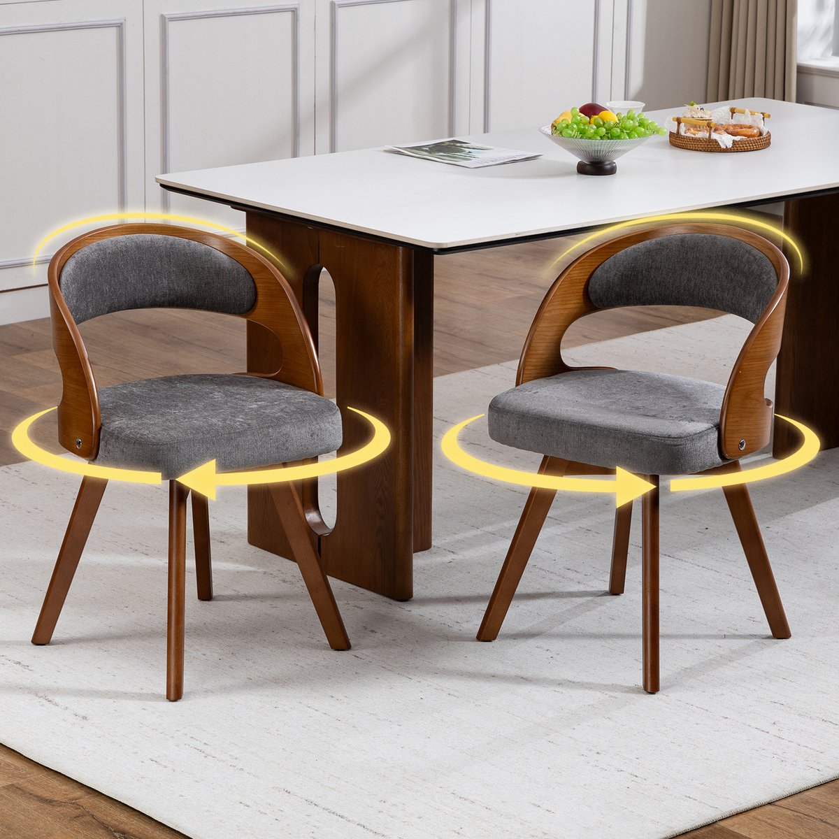 Clruro Eetkamerstoel - 2-delige set - 360° draaistoel modern - keuken café woonkamer - katoen-linnen + hout - grijs