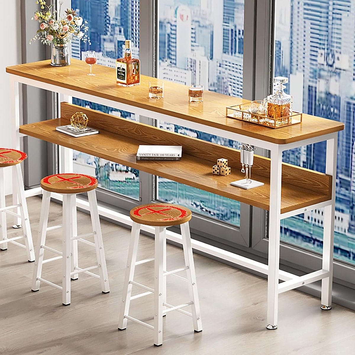 Stravino Luxe Rechthoekige Bartafel 120 x 40 x 100 cm met Voetensteun en Versterkt Metalen Frame, Hoge Tafel voor Keuken, Woonkamer en Kleine Ruimtes in Modern Pub Design