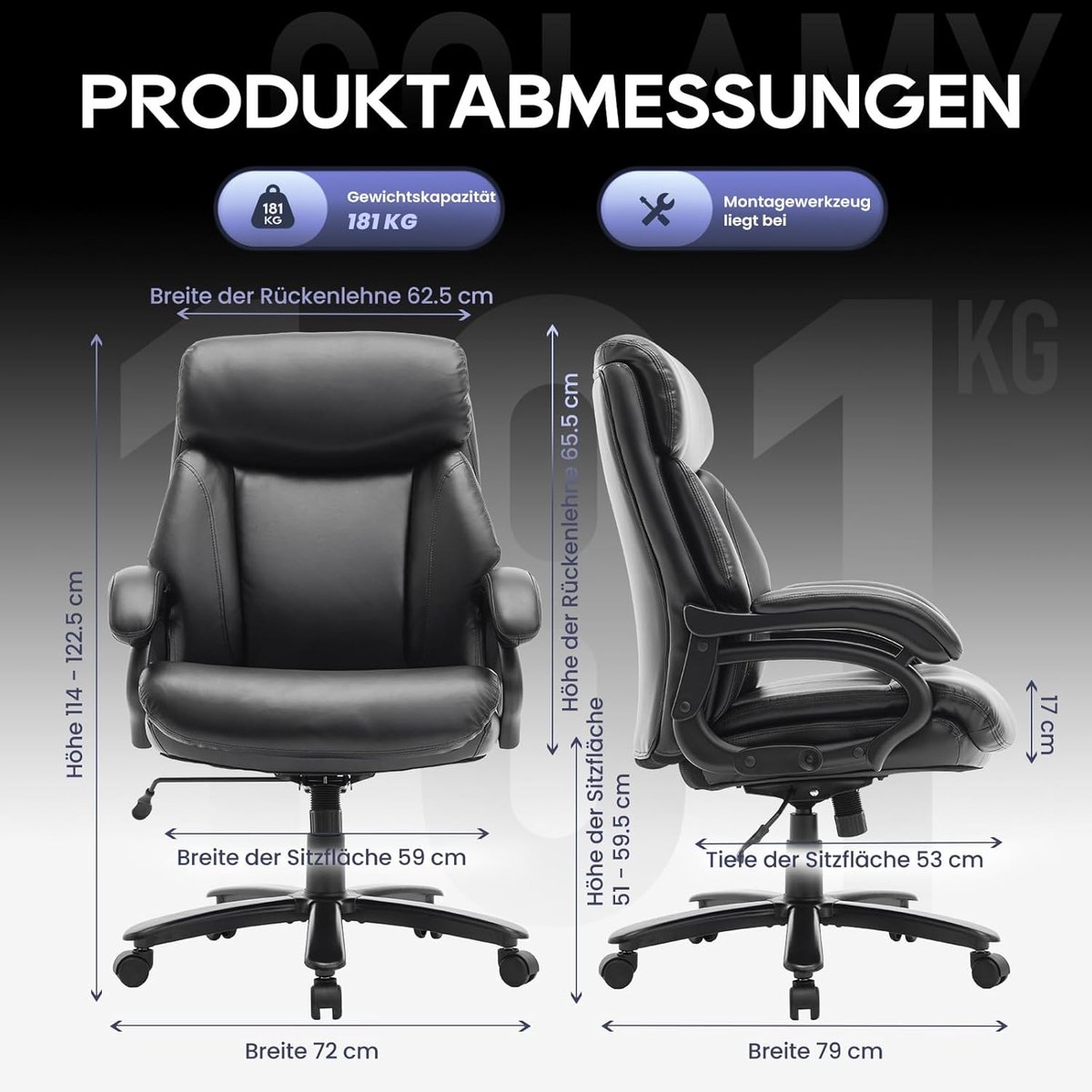 Bureaustoel XXL Ergonomisch – House&Garden Directiestoel Luxe Leer – Extra Brede Zitting 59 cm – Belastbaar tot 181 kg – Hoge Rugleuning – Verstelbare Armleuningen – Kantelbaar 90°–120° – Ergonomische Kantoor & Thuiswerk Stoel – Zwart thumbnail 4