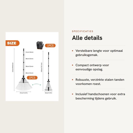 Dailygoody - Bladhark - Verstelbaar - Compact op te bergen - Metalen tuinhark - Geschikt voor gazon en erf - Inclusief handschoenen van Merkloos	 — afbeelding 2