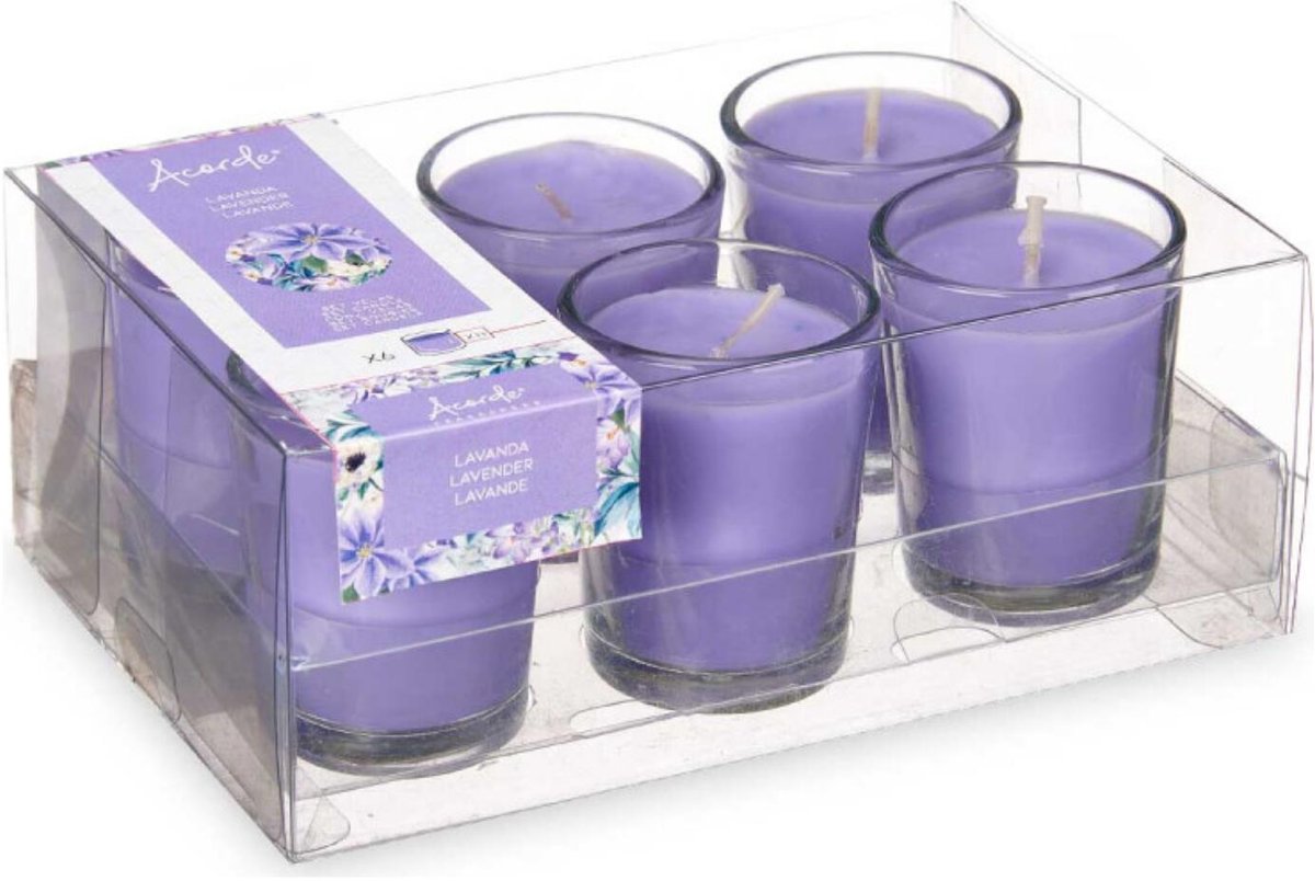 Arte regal geurkaarsen - 6x - lavendel geur - paars - 8 branduren - in glas - aroma kaars