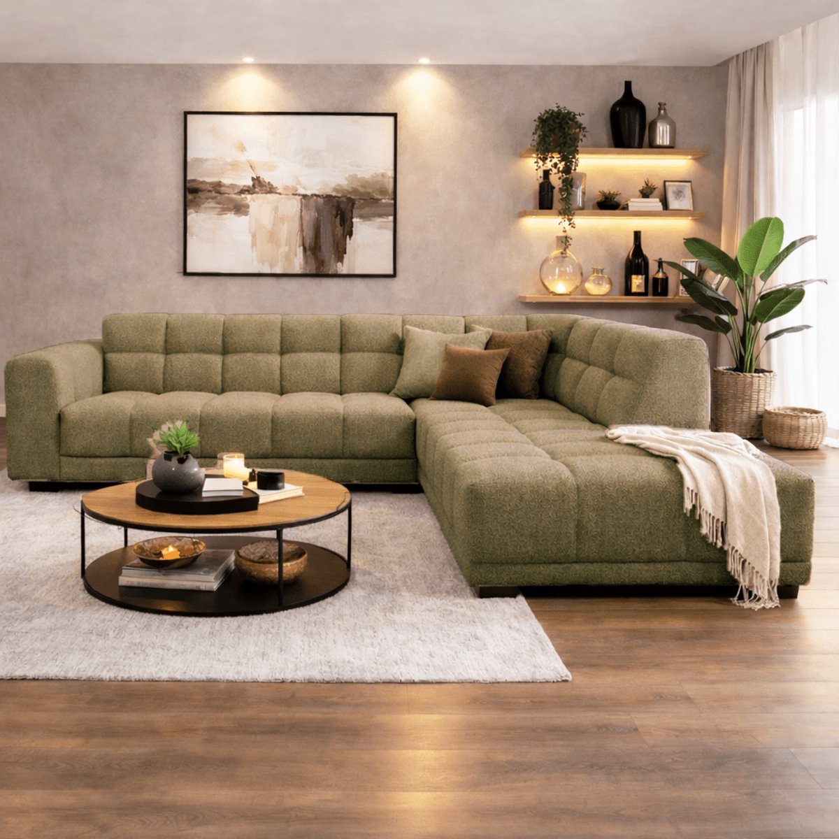 Dimehouse Hoekbank met lounge olijf groen bouclé stof Nova - rechts - Stof - Scandinavisch & Basic - 270 x 219 x 76 cm