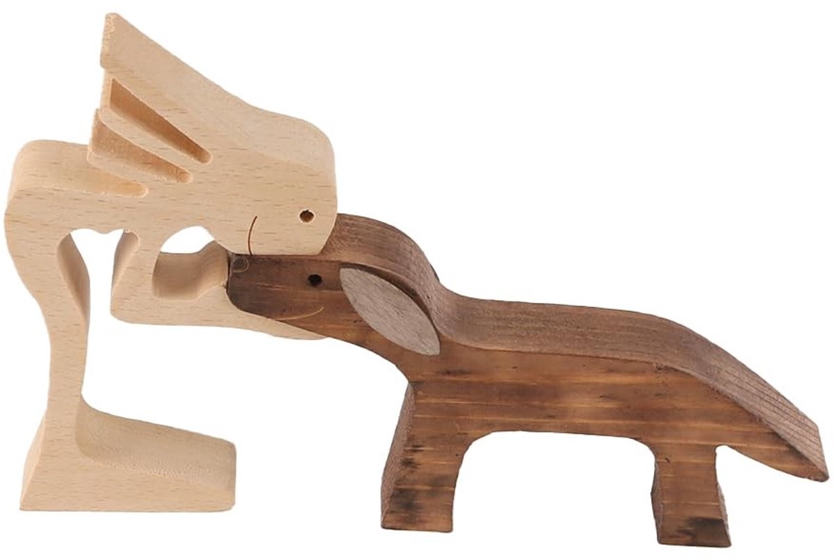Dailygoods- Puppybeeldje Handgemaakt - Beukenhout - Houtsnijwerk - Woondecoratie - Vlekbestendig - Stabiele Basis - 15,5 cm Hoog - Houten Beeld