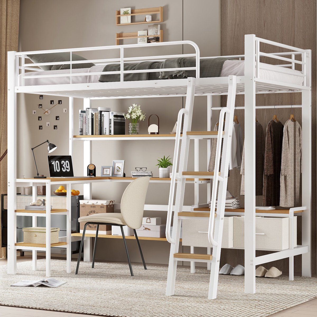 HAUSS SPOLE Hoogslaper 90x200 cm - Kinderbed Met Bureau en Opbergrek - Zonder Matras - Met Opbergboxen en Trap - Metaal Hout - Wit Naturel