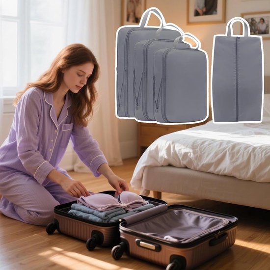 Reis Compressietassen - Koffer Organizers - Ruimte Besparen - Waterdichte Gabardine - 4 Stuks - Grijs — afbeelding 2