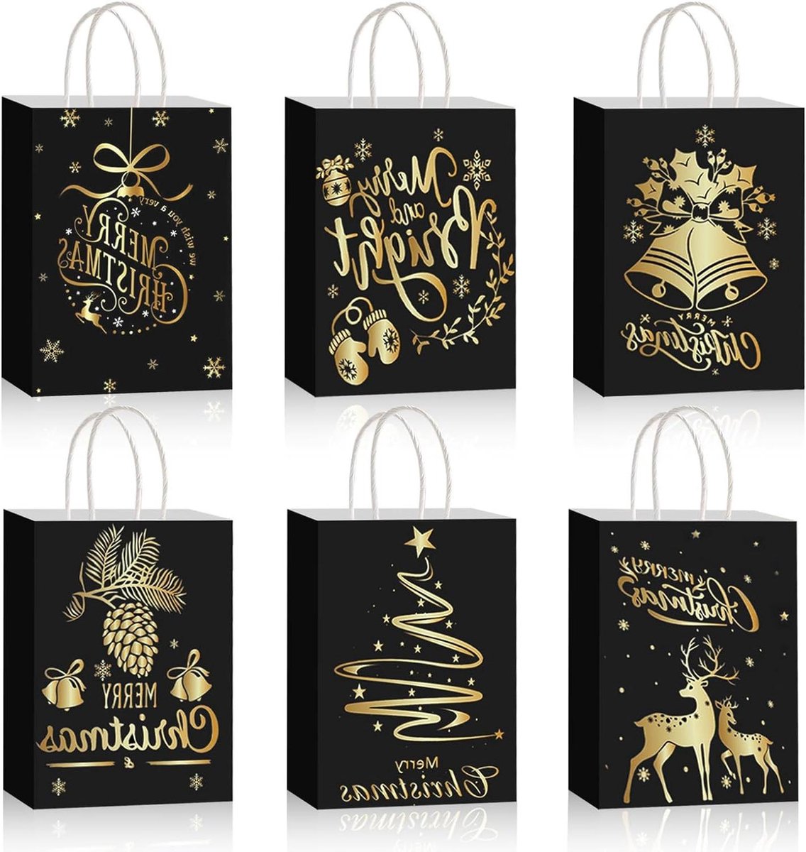 Kerstcadeauzakjes Papier - Geschenkzakjes Met Handgrepen - Cadeaus Inpakken - 6 Verschillende Kerstprints - 22 x 16 x 8 cm