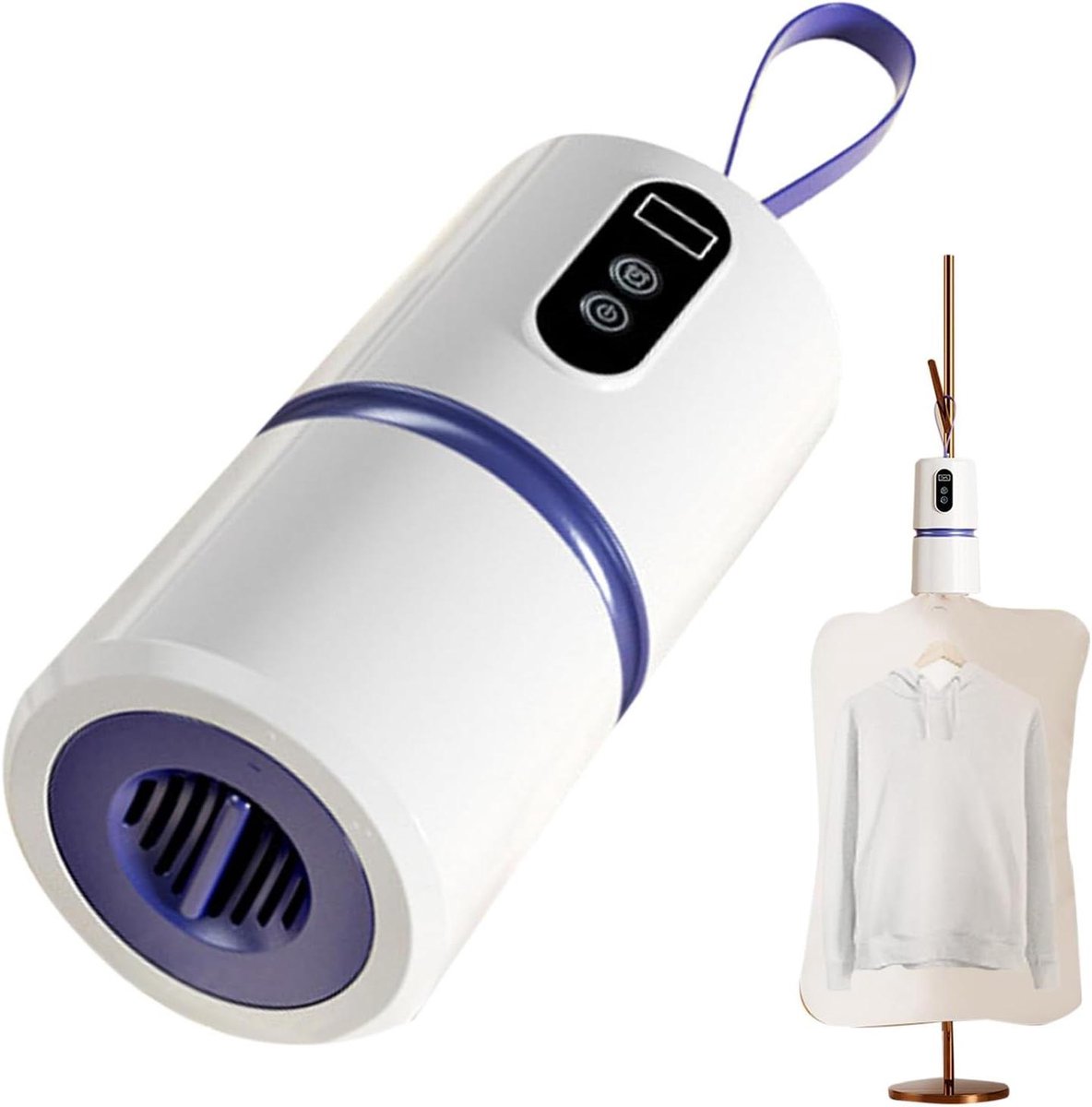Draagbare kledingdroger Compacte droger Reizen en camping Fluisterstille werking 16.6 cm hoog Wit