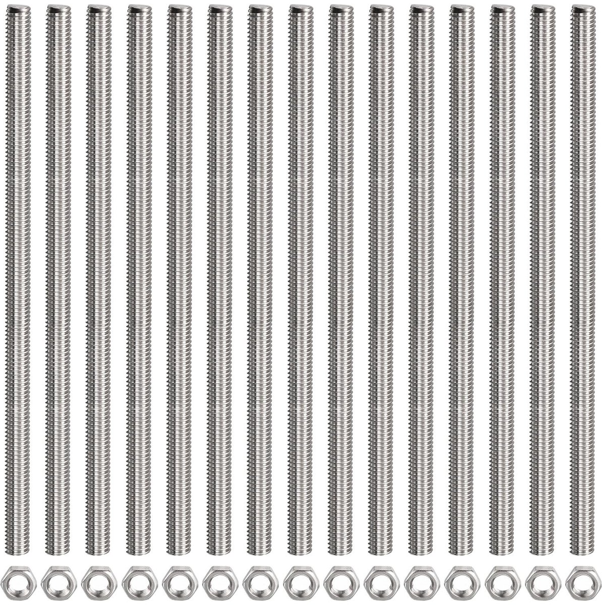 Dailygoods- Schroefdraadstang compleet - Roestvrijstalen Schroefdraadschroeven - M5 x 200 mm - 15 Zeskantmoeren - Duurzaam - Corrosiebestendig - Schroefset