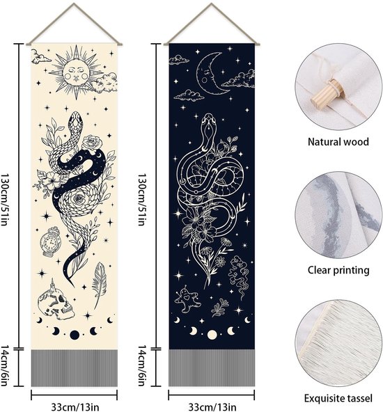Dailygoods- Wandtapijt Set van 2 - Bohemien Slangenprint - Mystiek Wandkleed - Kwastje - 30 x 130 cm - Verticaal Design - Muurtapijt van Dailygoods — afbeelding 3