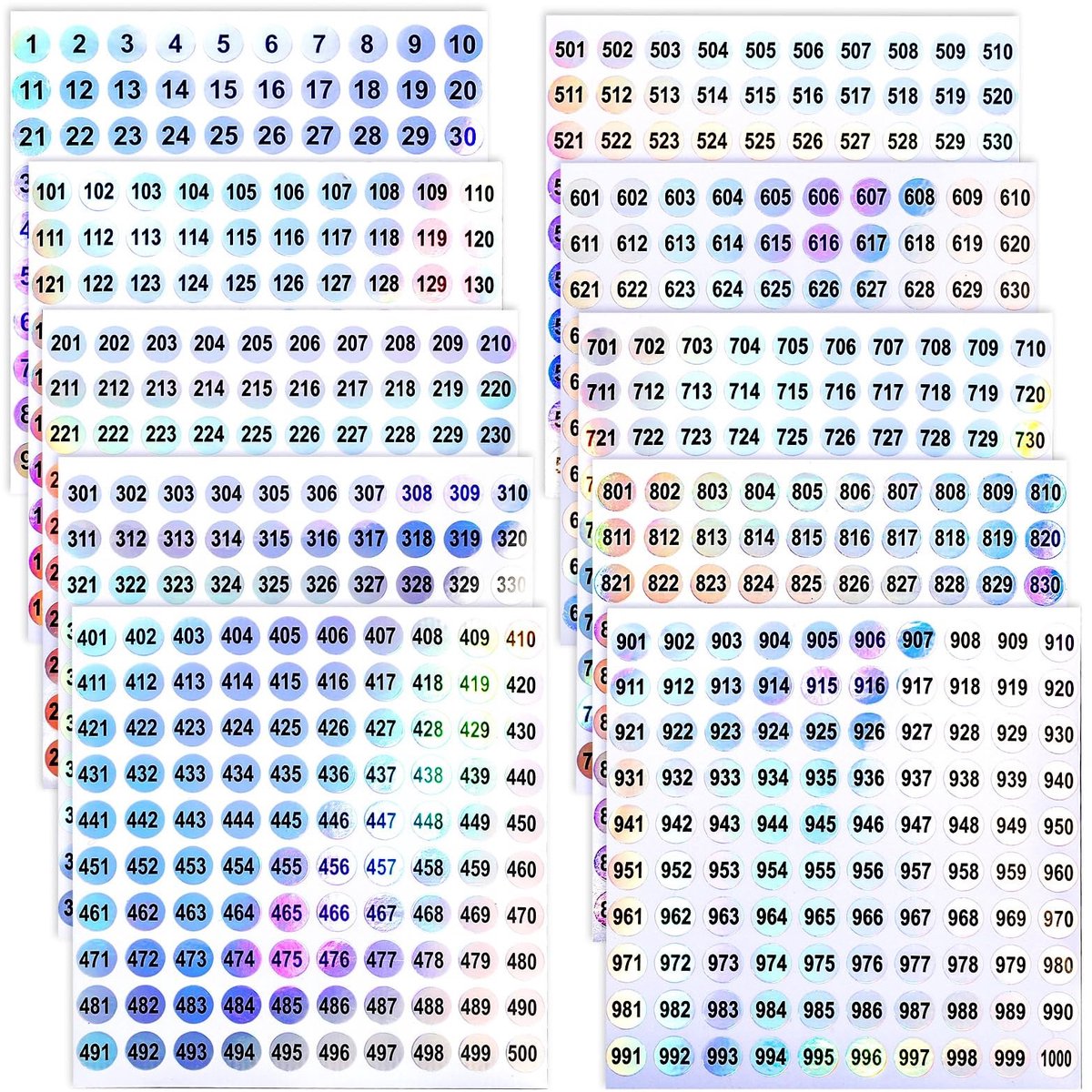 Dailygoods- Stickers Ronde Waterproof - 10 Stuks - Holografisch - Vinyl Labels - Nummering 1 tot 1000 - Geschikt voor Organiseren - Label