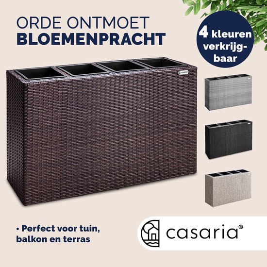 Bruine polyrattan plantenbak met 4 vakken. Toont 4 beschikbare kleuren: grijs, zwart, bruin en beige.