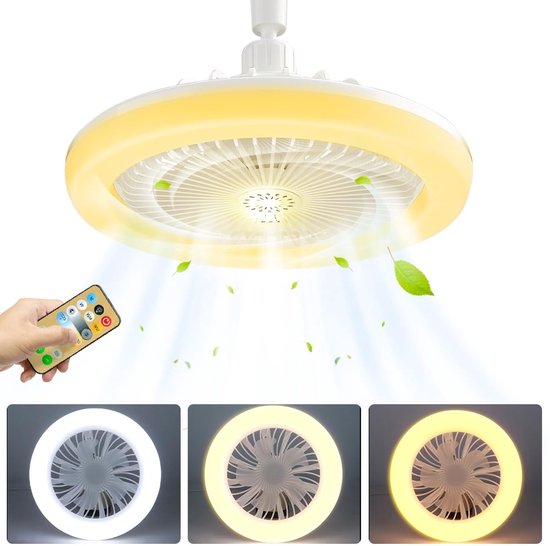 Plafondventilator met licht en afstandsbediening - E27 fitting - 3 snelheden, 3 kleuren dimbaar (3000K-6000K) - 1/2/4 uur timer - Moderne fan verlichting voor woonkamer, kinderkamer en kantoor