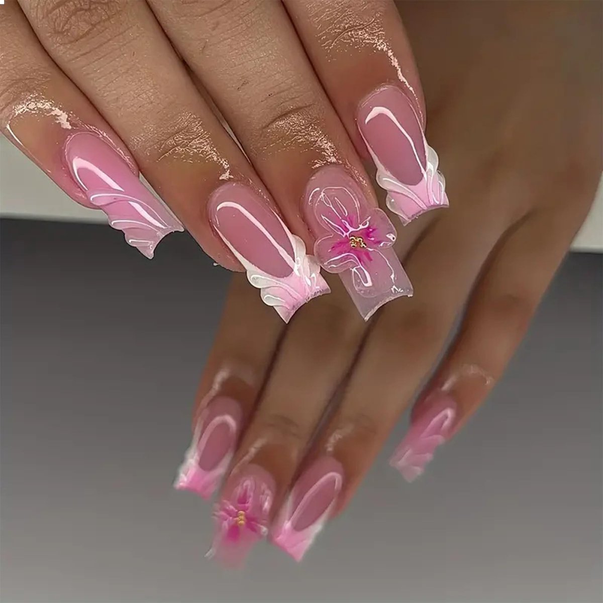 Dailygoods- Press on Nagels 24 Stuks - Roze Kunstnagels - Medium Vierkant - 3D Franse Nagelkunst - Volledige Bedekking - Acrylnagels