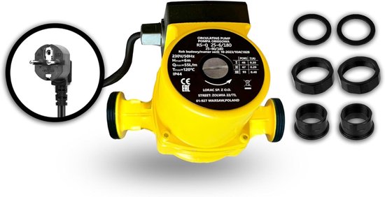 Gele circulatiepomp met stekker, snoer, toebehoren en een label met specificaties.