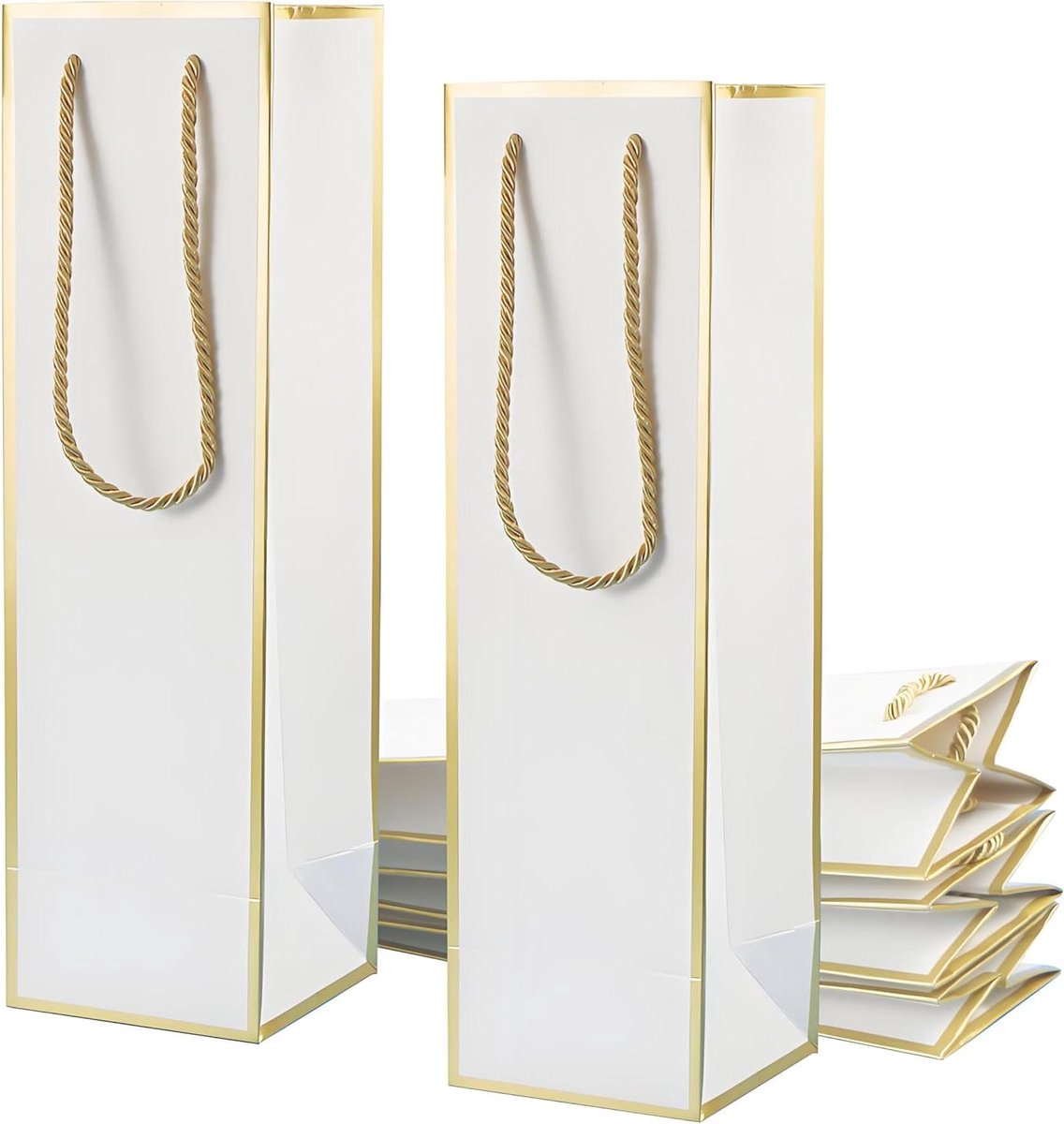 Wijnzakken - Flessentassen - Cadeau Presentatie - Versterkte Bodem - 10 Stuks - Goudfolie Wit