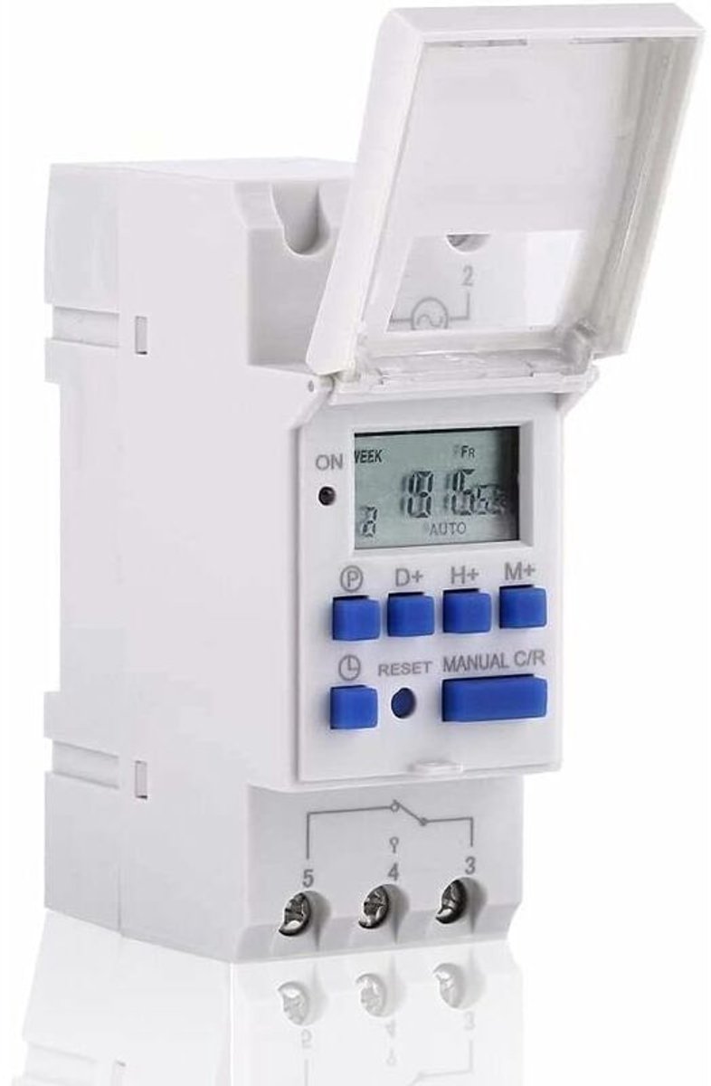 Programmeerbare wekelijkse digitale LCD-timer met 16 aan/uit-programma's en een 220V-timerschakelaar.